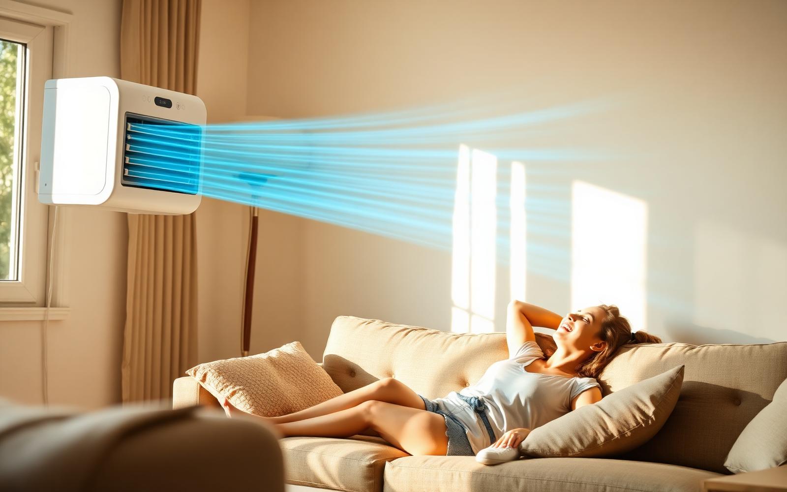 Woman relaxing on sofa enjoying cool air from CoolCove